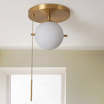 Gidu Mid-Century Pull Chain Ceiling Light Globe Glass Shade Semi Flush Mount Metal in Gold